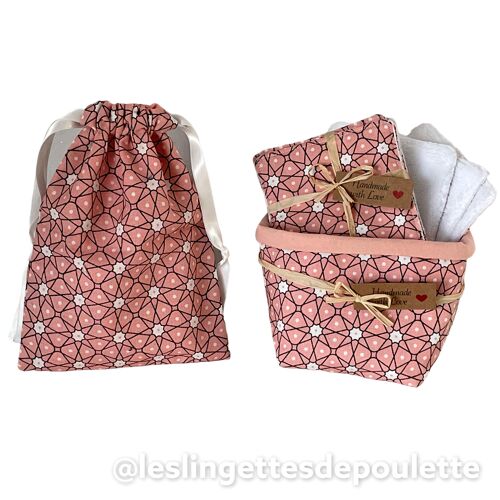 Lingettes démaquillantes avec panière et pochon-Kit Paquerette "rose pétale"