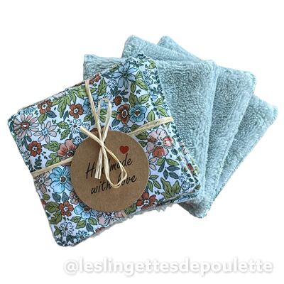 Set of 5 washable make-up removing wipes-Flowered Wipes "sky"