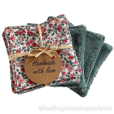 Set of 5 washable make-up removing wipes-Floral "salmon" wipes