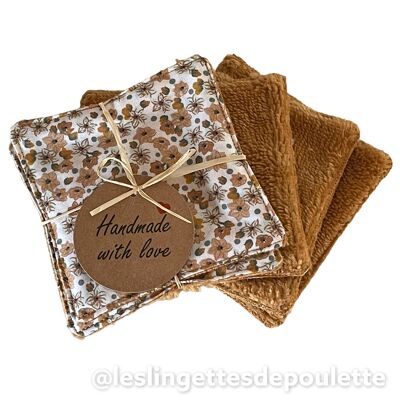 Set of 5 washable make-up removing wipes-Floral "caramel" wipes