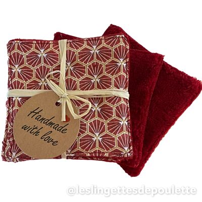 Set of 5 washable cleansing wipes-Riad "burgundy" wipes