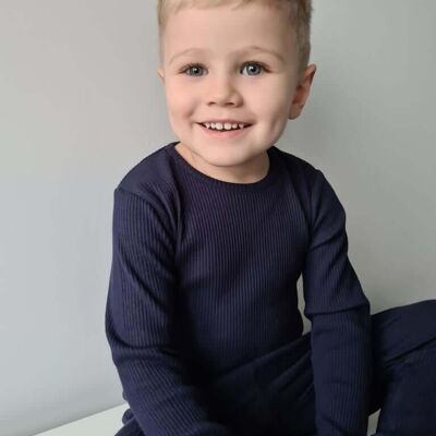 Oxford Blue Ribbed Loungewear Pyjamas pour garçons et filles Ensemble de salon pour bébé