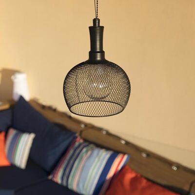 Round openwork solar hanging light in steel mesh cage with warm white LED filament LOFT ROUND H85cm