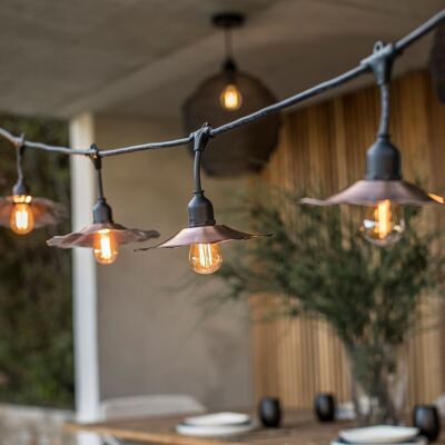 Guirlande lumineuse extérieur avec abat-jour en acier cuivré 10 ampoules à filament vintage douille E27 LED blanc chaud RETRO LIGHT 6m