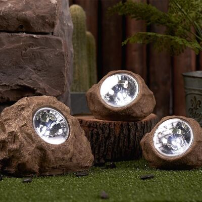 3 rocas solares de jardín para colocar con balizamiento LED blanco de 14 y 9cm