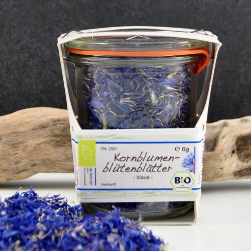 Blaue Bio Kornblumenblütenblätter im Weckglas