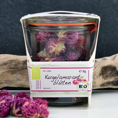 Whole organic spherical amaranth flowers in a mason jar