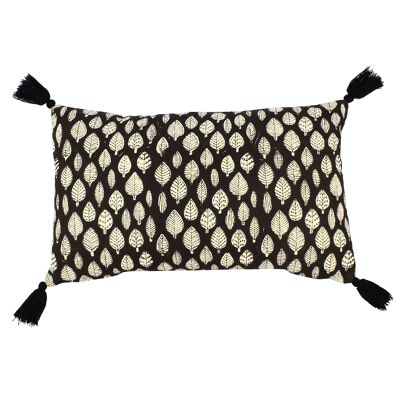 BLACK AND ECRU PRINTED COTTON CUSHION WITH POMPOMS 30X50CM AGRA