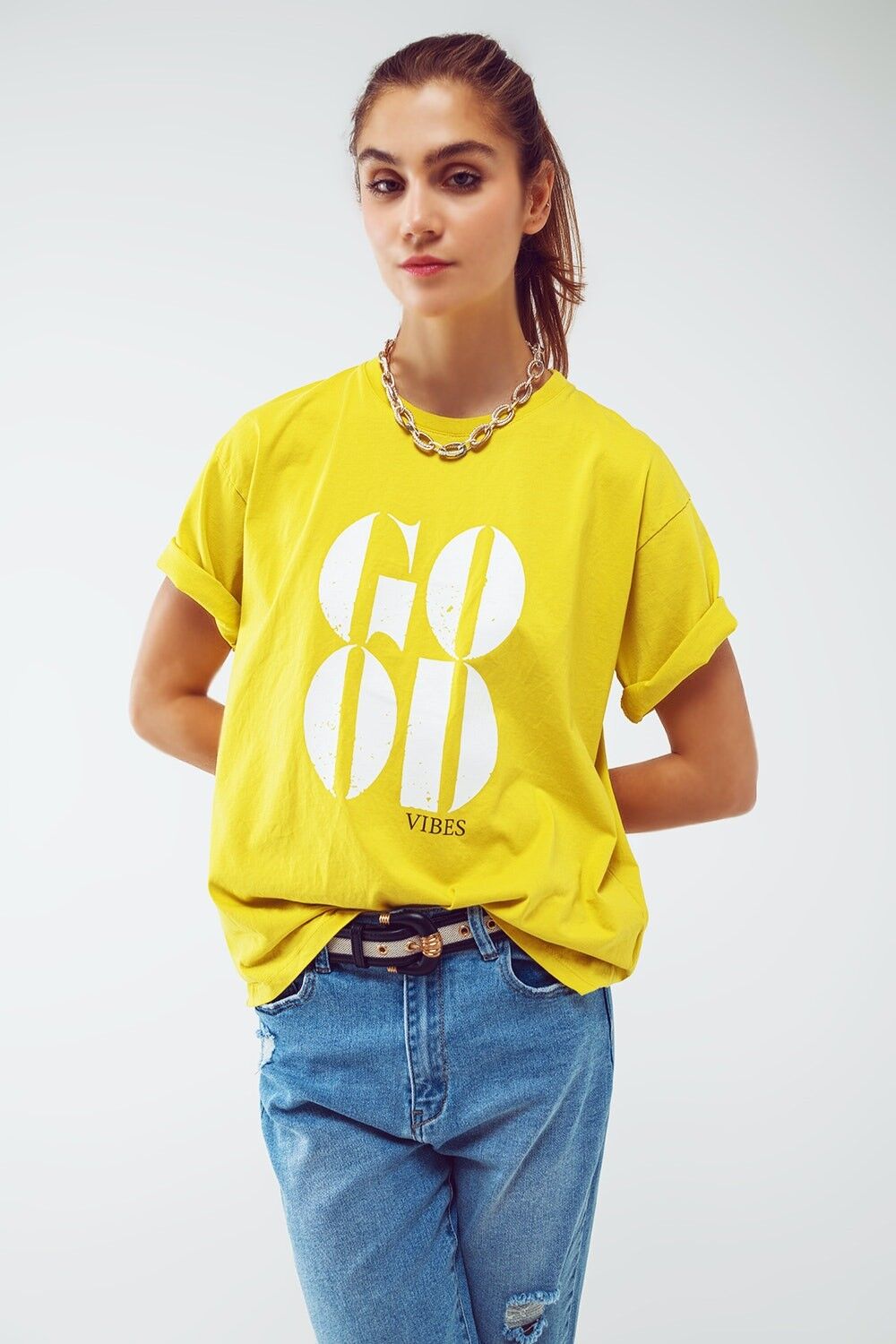 T-shirt con scritta Good Vibes in giallo lime