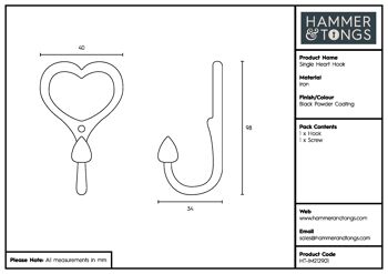 Crochet Simple Coeur - L40mm x H100mm - Noir 7