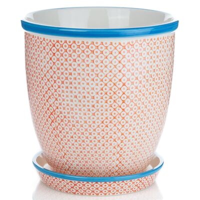 Nicola Spring Hand-Printed Japanese China Flower Pot with Drip Tray - Orange / Blue - 203mm