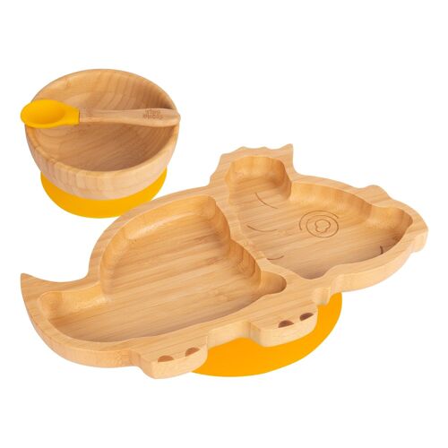 Tiny Dining Children's Bamboo Dinosaur Plate, Bowl and Spoon with Suction Cups - Yellow