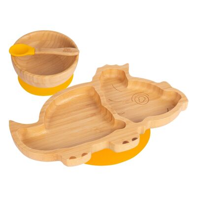 Tiny Dining Plato, cuenco y cuchara de dinosaurio de bambú para niños con ventosas - Amarillo