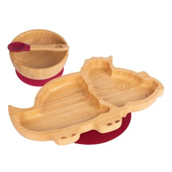 Tiny Dining Assiette, Bol et Cuillère Dinosaure en Bambou pour Enfant avec Ventouses - Rouge 1