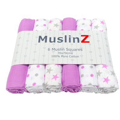 MuslinZ Paq. De 6 cuadros de muselina 100% algodón Estrellas violetas