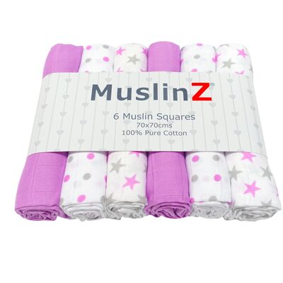 MuslinZ 6pk Carrés de mousseline 100 % coton Étoiles violettes