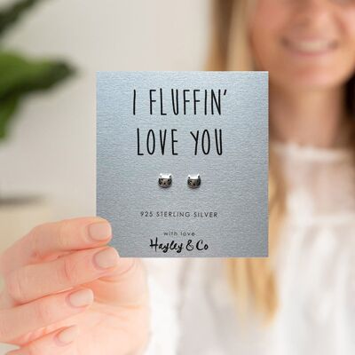 „I Fluffin Love You“-Kätzchengesicht-Ohrringe aus Sterlingsilber