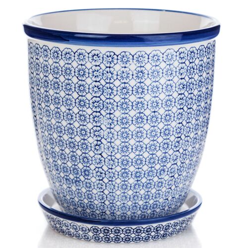 Nicola Spring Hand-Printed Japanese China Flower Pot with Drip Tray - Blue Floral - 203mm