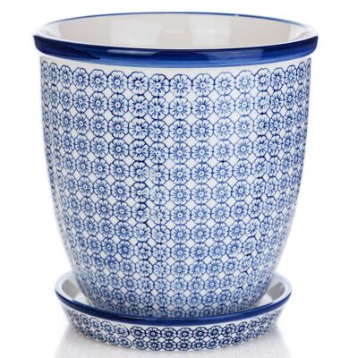Maceta de porcelana japonesa con bandeja de goteo impresa a mano de Nicola Spring - Floral azul - 203 mm