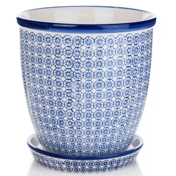 Nicola Spring Pot de fleurs en porcelaine japonaise imprimé à la main avec bac d'égouttage - Floral bleu - 203 mm 1