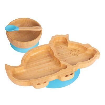 Tiny Dining Assiette, Bol et Cuillère Dinosaure en Bambou pour Enfant avec Ventouses - Bleu