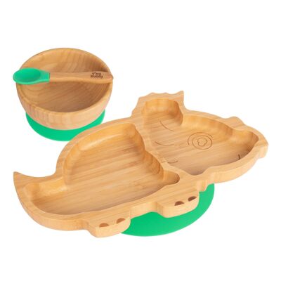 Tiny Dining Children's Bamboo Dinosaur Plate, Bowl and Spoon with Suction Cups - Green