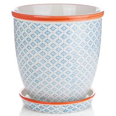 Nicola Spring Hand-Printed Japanese China Flower Pot with Drip Tray - Blue / Orange - 203mm