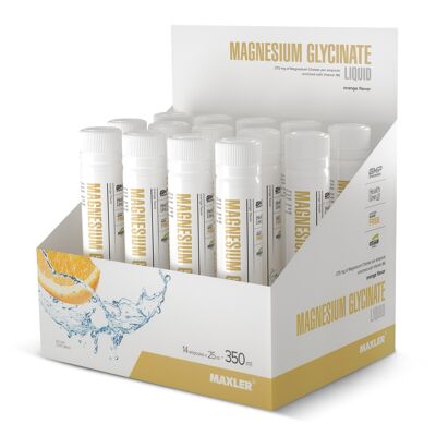Maxler Magnesio Glicinato Liquido, Arancione, 14x25ml, Vegano, 375mg Chelato di Magnesio, Con Vitamina B6