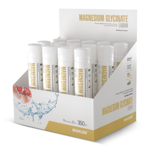 Maxler Magnesium Glycinate Liquid, Erdbeere, 14x25ml, Vegan, 375mg Magnesium Chelate, Mit Vitamin B6