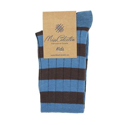 MissCalcetin Kids High Cane Stripes Marron-Bleu Clair