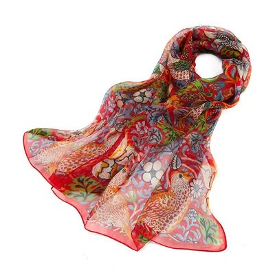 William Morris Strawberry Thief Rosso - Sciarpa artistica in pura seta al 100%.