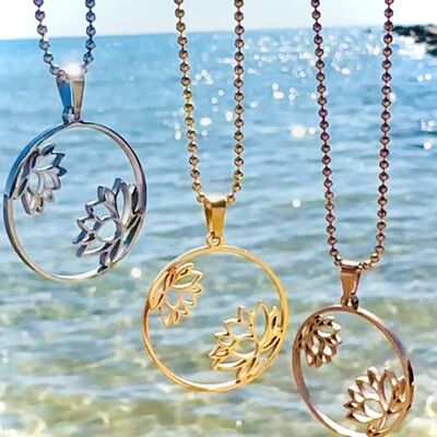 LOTUS FLOWERS pendant + chain, stainless steel silver, rosé, gold