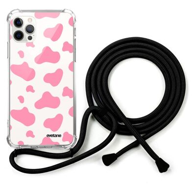 Funda con cordón negro para iPhone 12/12 Pro - Estampado de vaca rosa