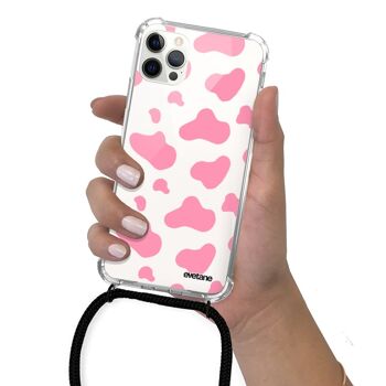 Coque cordon iPhone 12/12 Pro avec cordon noir - Cow print pink 5