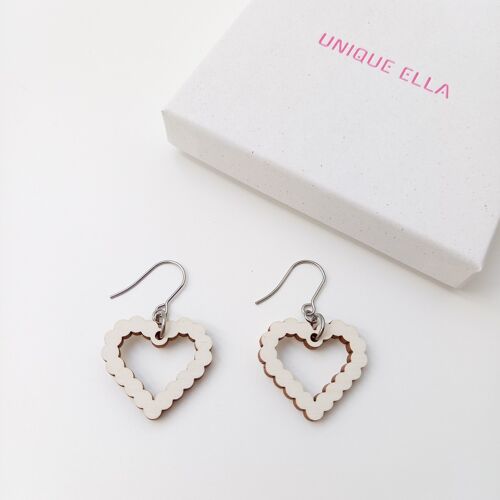 Bubble Heart Wooden Earrings White