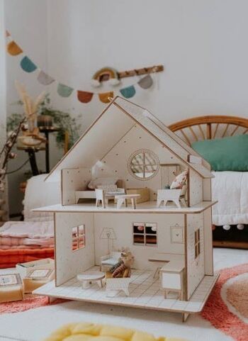 Maison de poupée en bois, construction modulaire, design minimaliste 5