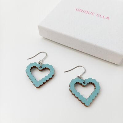 Bubble Heart Wooden Earrings Blue