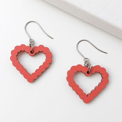 Bubble Heart Wooden Earrings Red