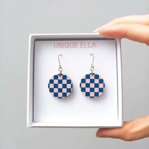 Chess Wooden Earrings Blue/Pale Pink
