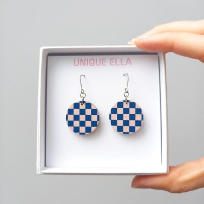 Chess Wooden Earrings Blue/Pale Pink