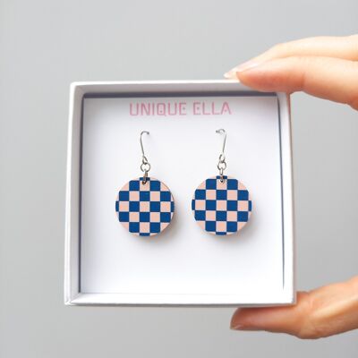 Boucles d'oreilles en bois d'échecs Bleu/Rose pâle