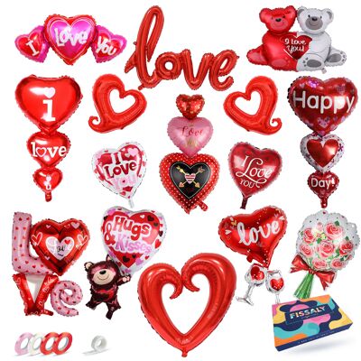 Fissaly® Ensemble de décoration de ballons en aluminium Love & Hearts de 15 pièces – Décoration I Love You – Cadeau – Man & Fold – Him & Her – Rouge – Saint-Valentin