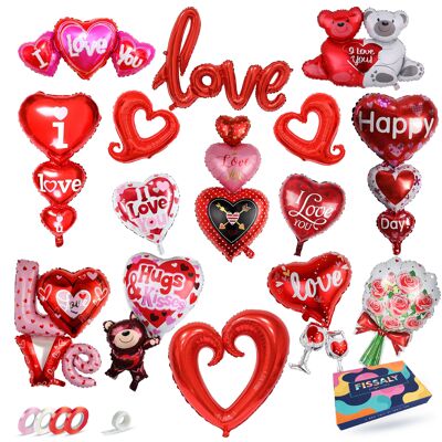 Fissaly® 15 Pieces Love & Hearts Foil Balloons Decoration Set – I Love You Decoration - Gift - Man & Fold - Him & Her - Red - Valentine