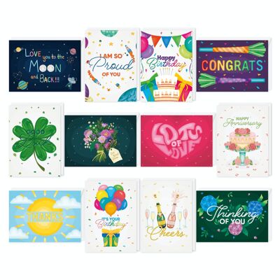 Fissaly® 48-teiliges Grußkarten- und Geburtstagskarten-Set mit Umschlägen – Geburtstagskarten-Box – Glückwunschkarten und Postkarten für Kinder und Erwachsene