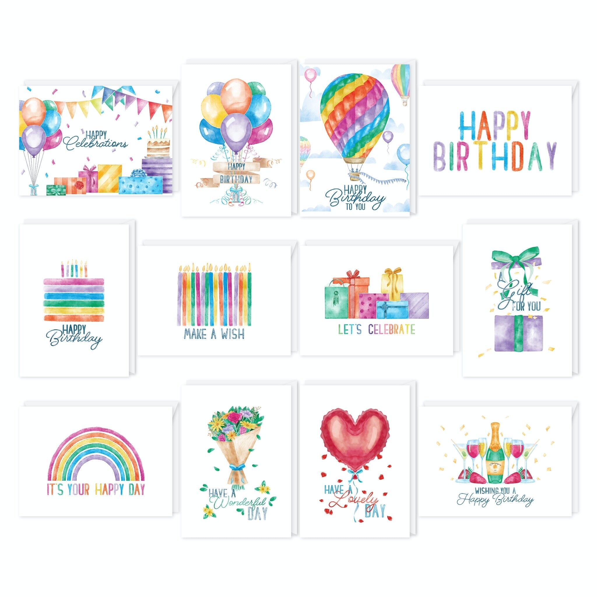 Fissaly® 48 Biglietti di auguri e Biglietti di compleanno Set con buste  - Scatola Biglietti di compleanno – Biglietti di congratulazioni e Cartoline Bambini e Adulti