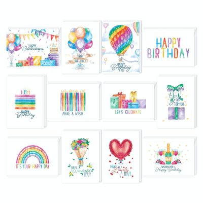 Fissaly® 48-teiliges Grußkarten- und Geburtstagskarten-Set mit Umschlägen – Geburtstagskarten-Box – Glückwunschkarten und Postkarten für Kinder und Erwachsene