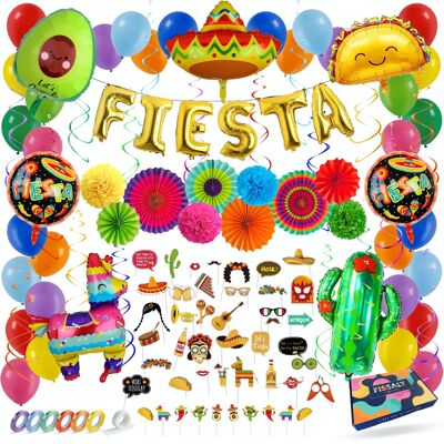 Fissaly® 71 Piezas Fiesta Mexicana Decoración de Fiesta – Pinata, Sombrero y Catcus Decoración Globos – Fiestas Fiesta de Cumpleaños