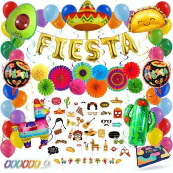 Fissaly® 71 pièces Mexicain Fiesta Party Décoration – Pinata, Sombrero & Catcus Décoration Ballons – Fiestas Birthday Party 1