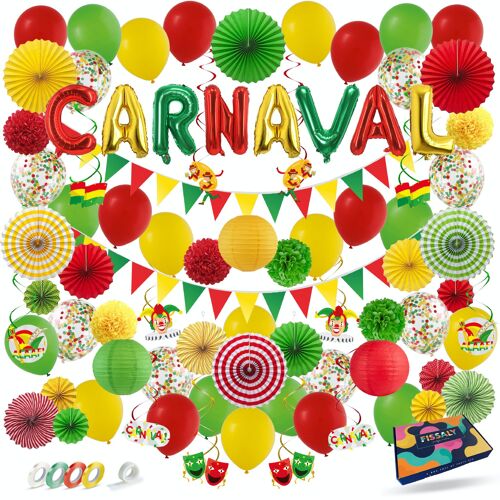 Fissaly® 86 Stuks Carnaval Versiering Decoratie Rood, Geel & Groen - Feestpakket Incl. Ballonnen, Slingers & Accessoires
