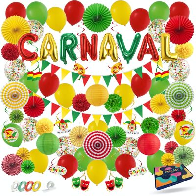 Fissaly® 86 piezas de decoración de adorno de carnaval rojo, amarillo y verde - Paquete de fiesta incl. Globos, guirnaldas y accesorios